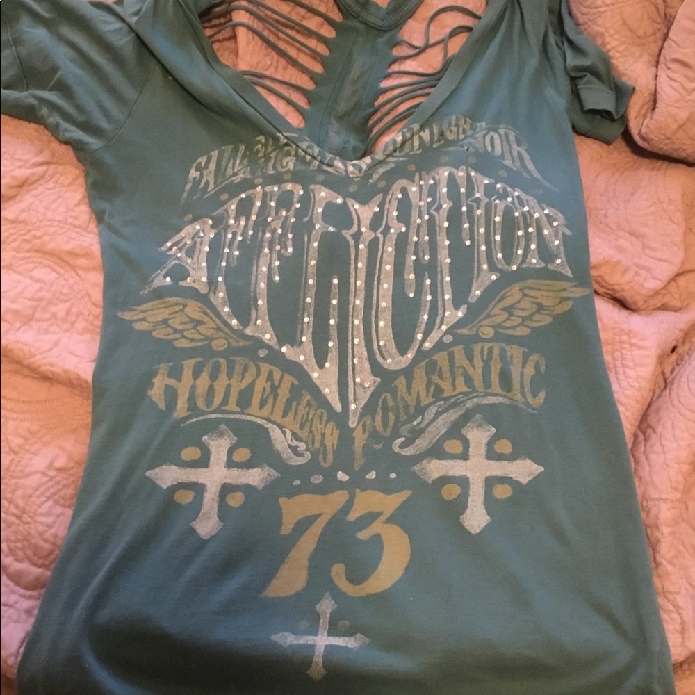 Teal distressed affliction shirt